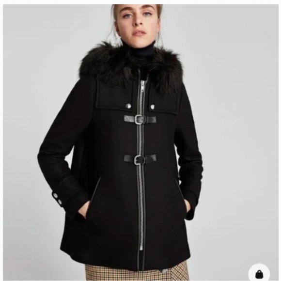 ZARA Black Coat with Black Faux Fur Hood Size M - Picture 1 of 9